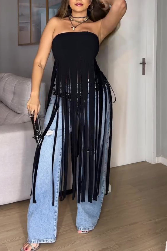 Black Bandeau Fringe Top