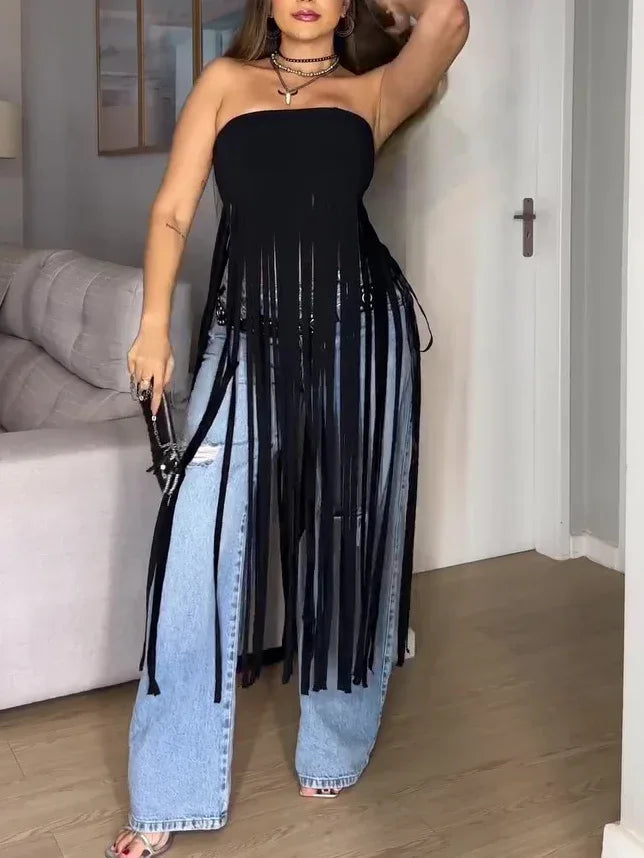 Black Bandeau Fringe Top - DanaFashionstore