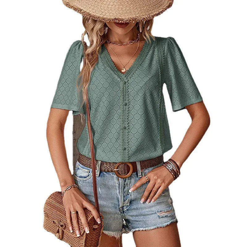 Women's V-neck T-shirt Lace Patchwork Top - DanaFashionstore