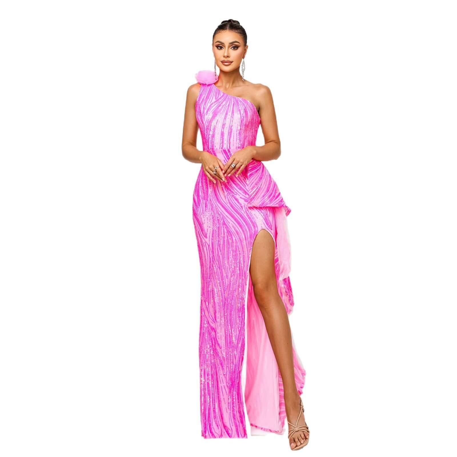 One-shoulder Diagonal Collar Sequined Slit Evening Dress $131.77 Dana Fashion Color: Rose Red Size: L Women's clothing Product information: Pattern: solid color Skirt type: hip skirt Color: Rose Red Waist type: high waist Size: S,M,L,XL Style type: Elegan