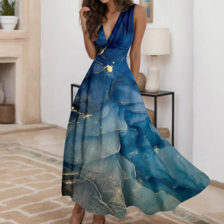 Summer New V-neck Fashion Digital Printing Maxi Dress