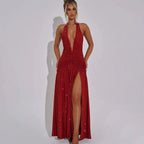 Halter Backless Silk Dress 2026 - V-Neck Bright Party Dress - DanaFashionstore