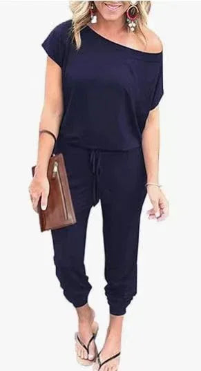 Fashion Slant Shoulder Jumpsuit 2026 - Short Sleeve Pocket Jumpsuit - DanaFashionstore