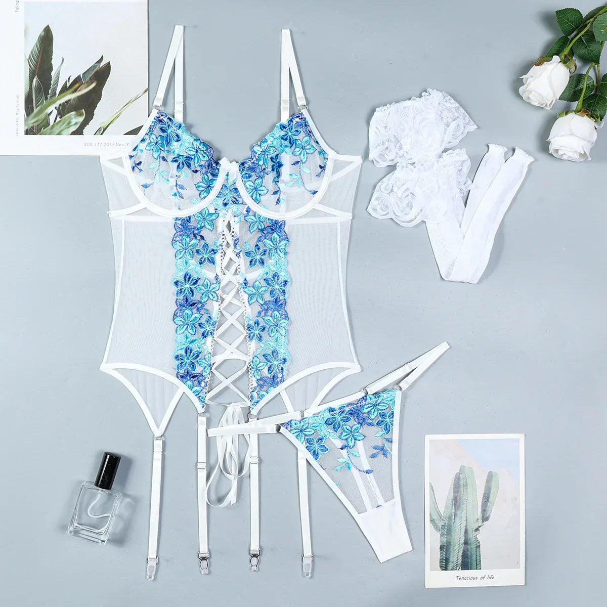 Embroidered Split Sexy Suspenders Underwear Overall Dress Suit Stockings Three-piece Set - DanaFashionstore