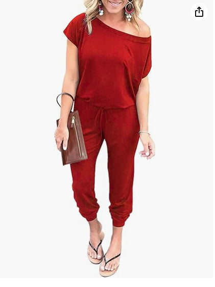 Fashion Slant Shoulder Short Sleeve Pocket Women's Jumpsuit