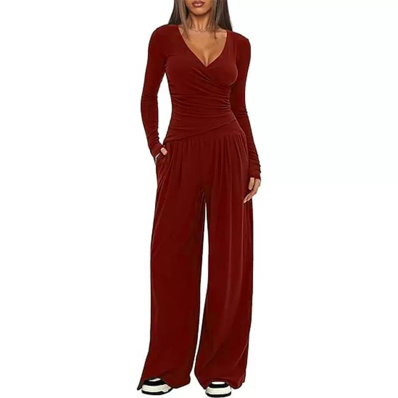 2 Pieces Women's V Neck Long-sleeve Sportswear Top And Wide-leg Pants Set Casual Comfortable Outfit Set For Daily Wear Gym Sports Outfit