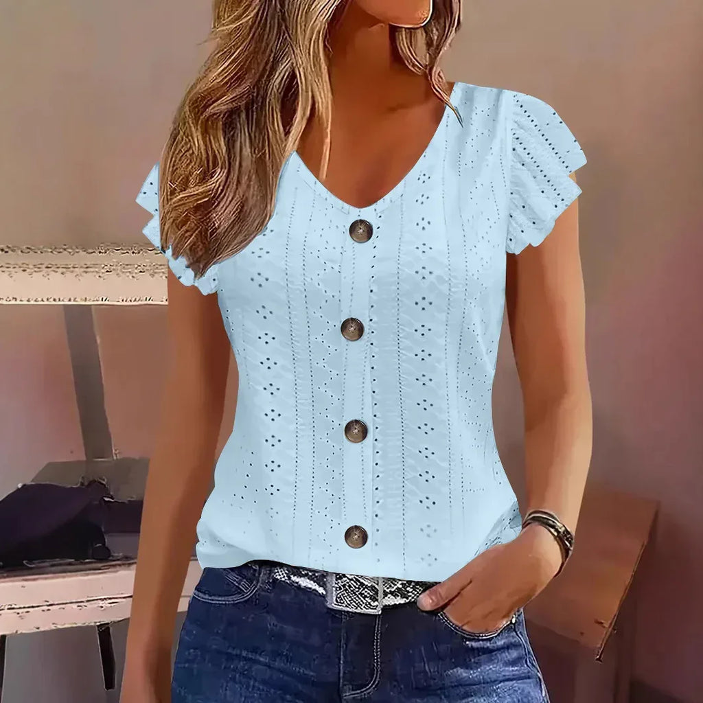 Solid Color Jacquard V-neck Buttons Long Sleeve T-shirt - DanaFashionstore