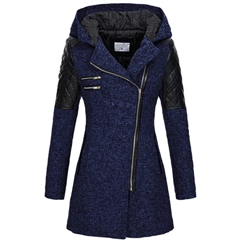 Women Warm Slim Full Zipper Coat Thick Woolen Coat Female Fall Winter Windbreaker Hooded Diagonal Zipper Women's Clothing - DanaFashionstore