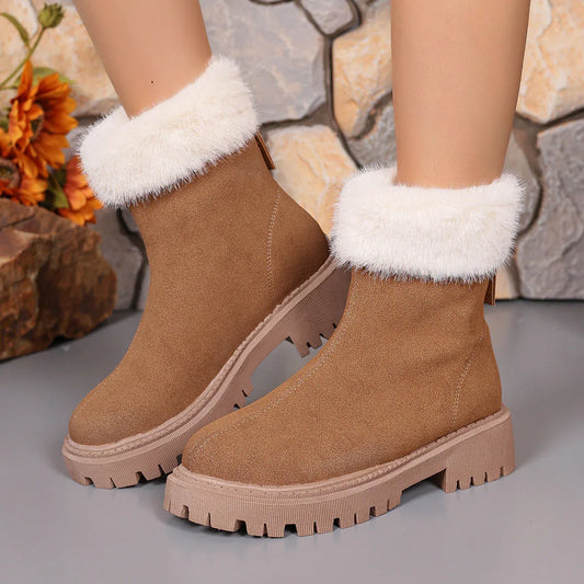 Square-heeled Snow Boots Winter Plus Velvet Platform Plush Shoes Fashion Warm Non-slip Mid-calf Boot For Women - DanaFashionstore