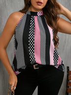 Women Contrast Polka Dot Print Casual Cold Shoulder Halter Blouse - DanaFashionstore