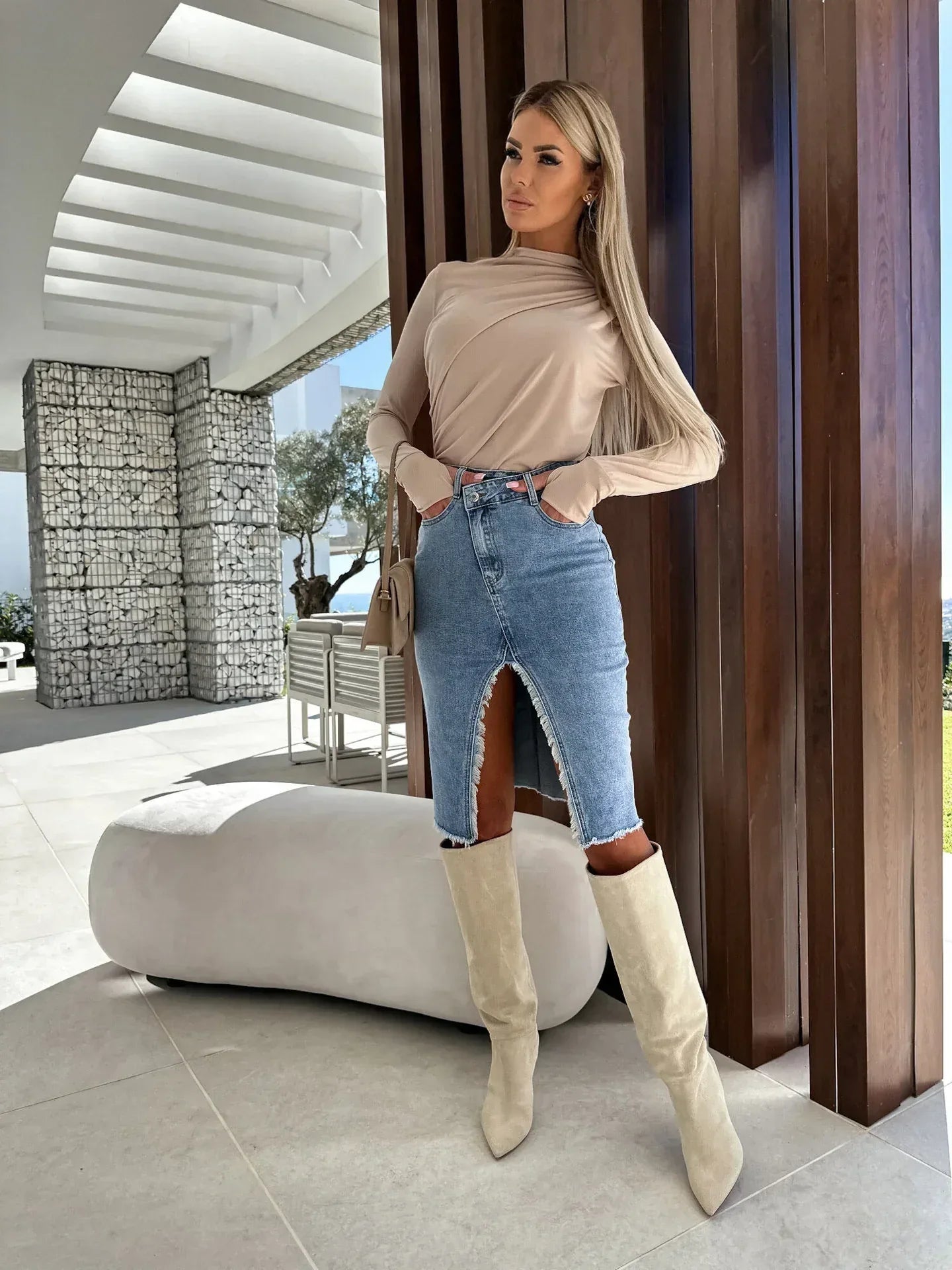 Split Fashion Casual Solid Denim Buttocks Skirt - DanaFashionstore