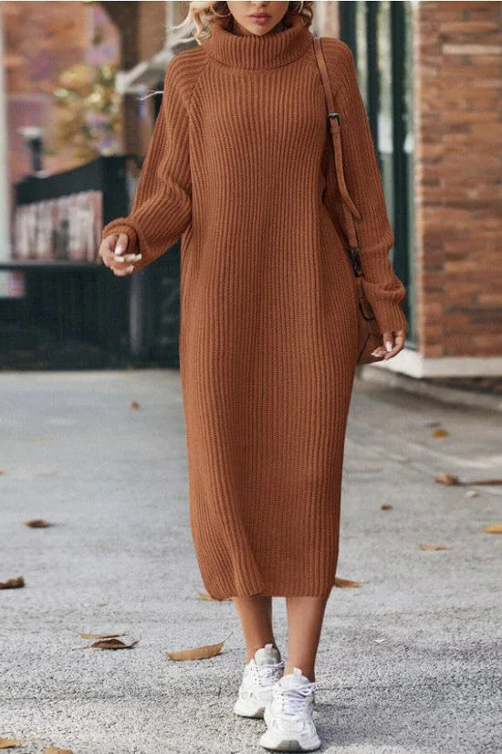 Winter Turtleneck Knitted Sweater Dress Fashion Solid Loose Pullover Long Dresses For Women Clothing - DanaFashionstore