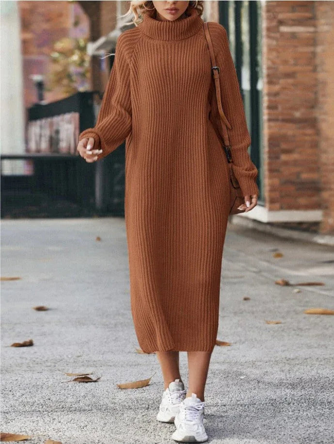 Winter Turtleneck Knitted Sweater Dress Fashion Solid Loose Pullover Long Dresses For Women Clothing - DanaFashionstore