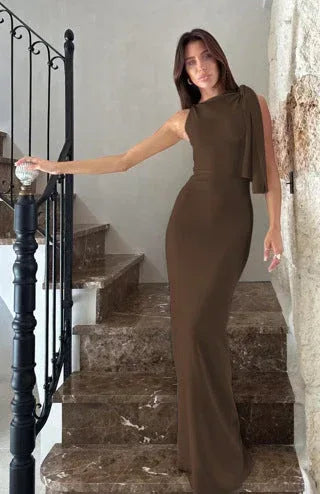 One-shoulder Ribbon Long Dress Ins Fashion Slim Sleeveless Dresses For Evening Party Club Clothing Women - DanaFashionstore