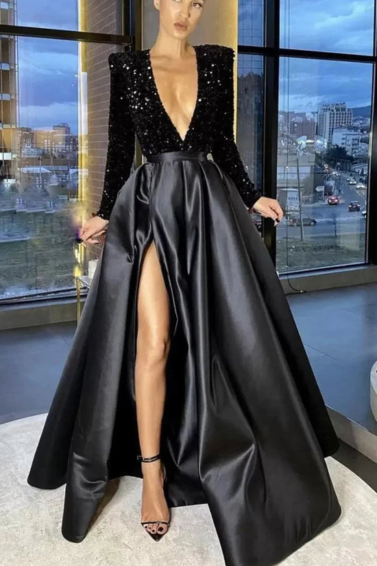 Women's Long Sleeve Sequin V-neck Sequins Evening Dress - DanaFashionstore