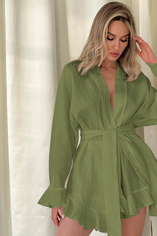 Long-sleeved Pajamas Crepe Cotton Ruffles Nightgown Shorts Suit Loose Cross-border Home Wear - Dana Fashion
