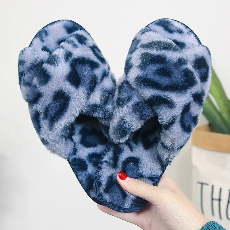 Cross-strap Fuzzy Slippers Leopard Plush House Shoes Flat Bedroom Slippers Slippers For Women - DanaFashionstore
