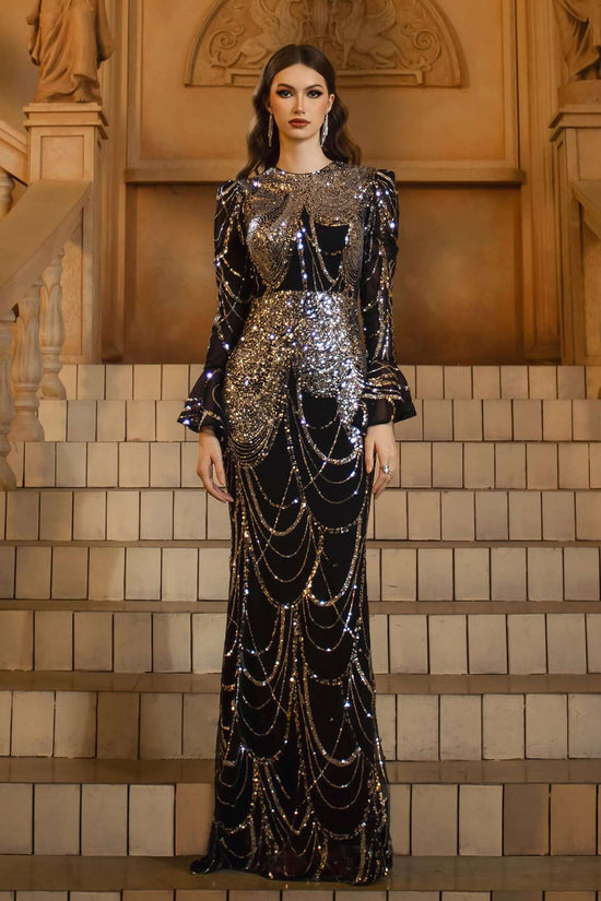 Long Sleeve Round Neck Slim-fit Sheath Sequined Banquet Fishtail Evening Dress $132.98 Dana Fashion Color: Black And Silver Size: L Women's clothing Product information: Pattern: solid color Skirt type: hip skirt Color: Black Silver Waist type: high waist