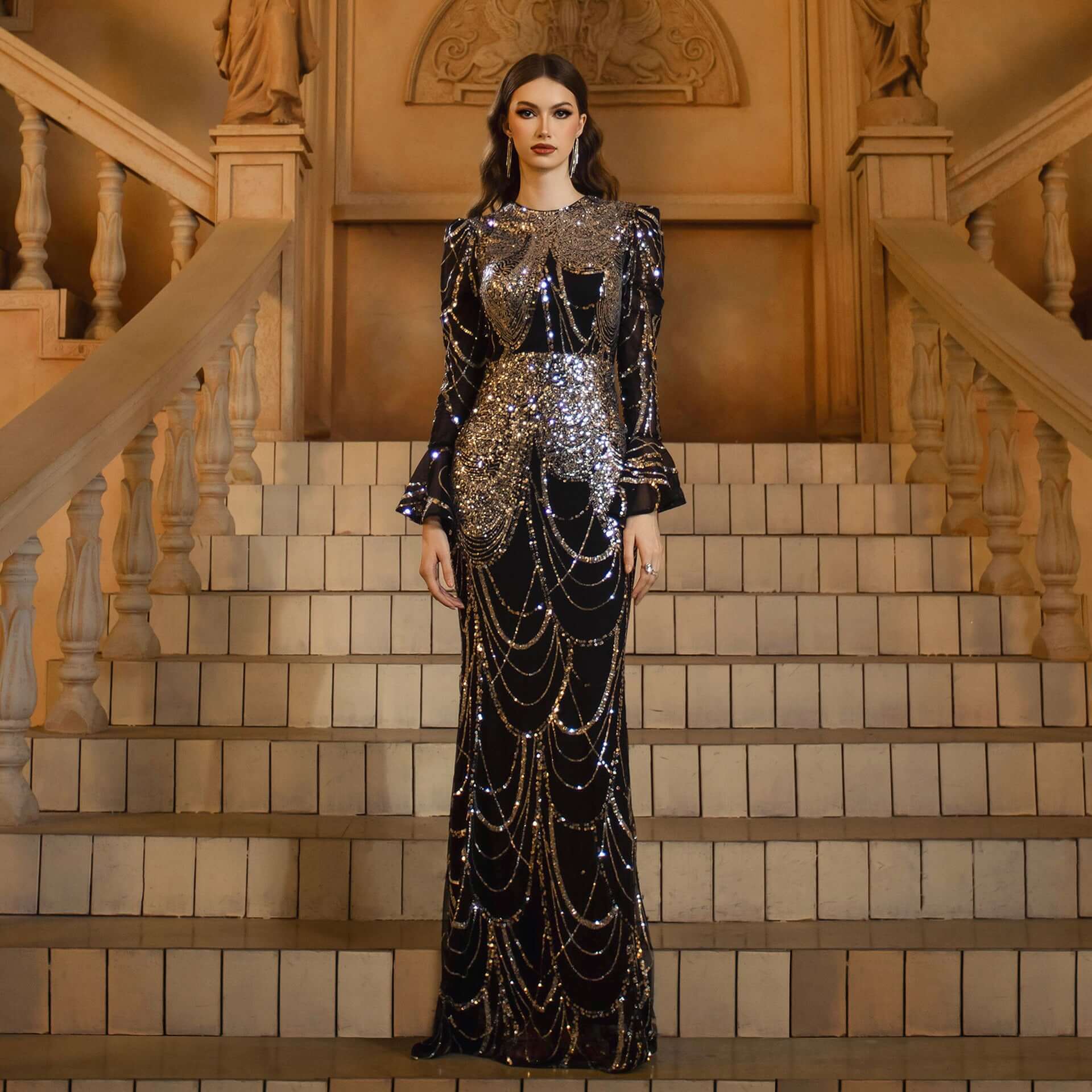 Long Sleeve Round Neck Slim-fit Sheath Sequined Banquet Fishtail Evening Dress $132.98 Dana Fashion Color: Black And Silver Size: L Women's clothing Product information: Pattern: solid color Skirt type: hip skirt Color: Black Silver Waist type: high waist