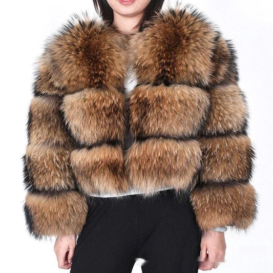 Warm Short Raccoon Fur Women's Clothing Leather Fur Coat - DanaFashionstore
