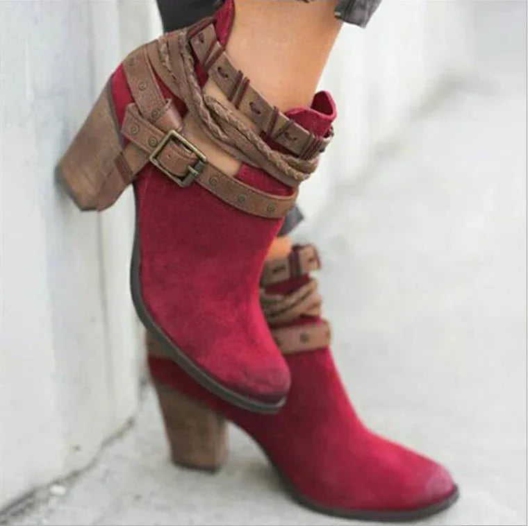 High-heeled Martin boots rivet belt buckle thick with round head boots - DanaFashionstore