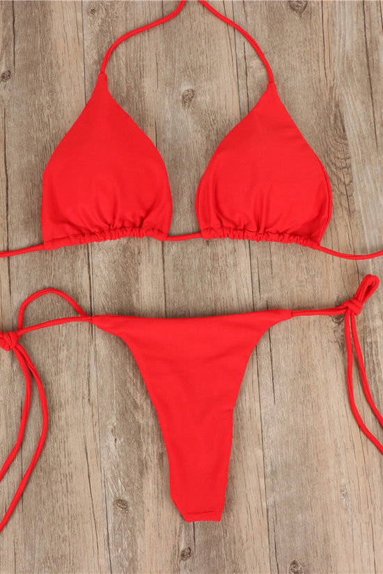 2pcs Halterneck Lace-up Bikini Women Summer Solid Color Sexy Split Strap Adjustable Swimsuit Suit