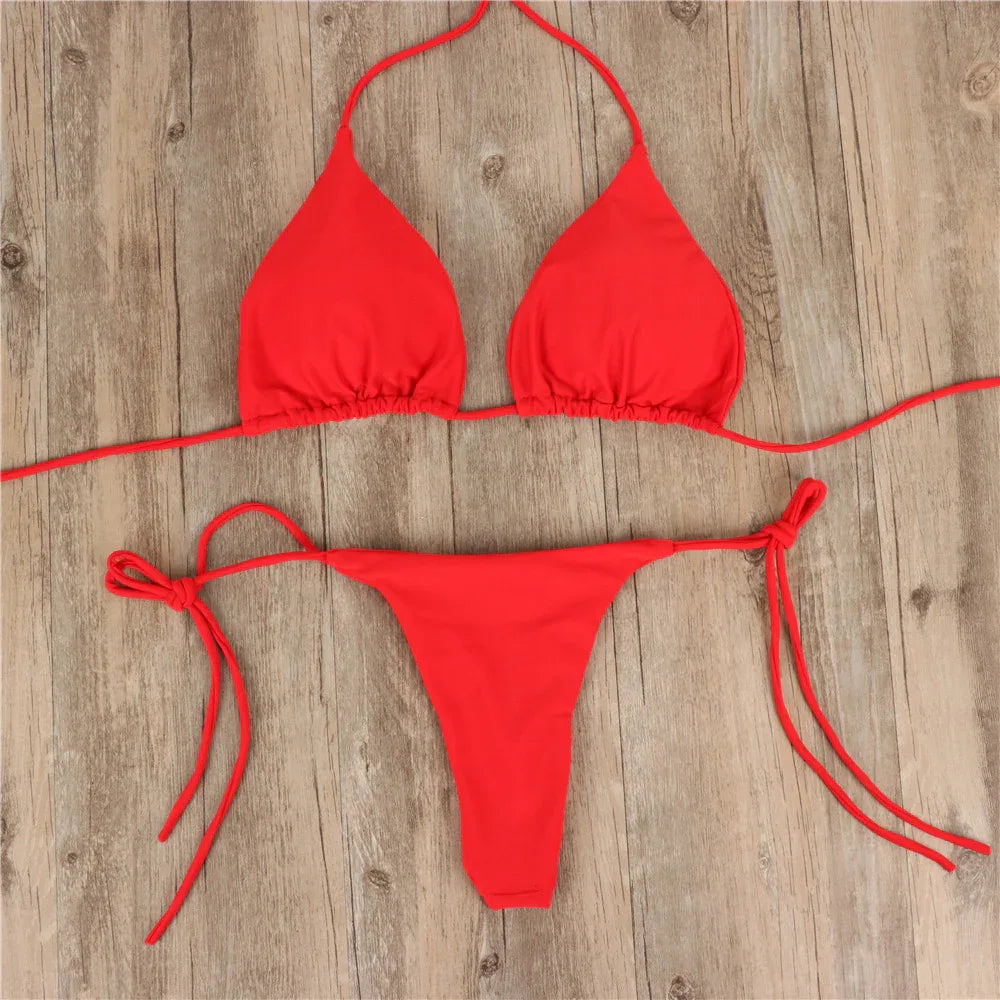 2pcs Halterneck Lace-up Bikini Women Summer Solid Color Sexy Split Strap Adjustable Swimsuit Suit - DanaFashionstore