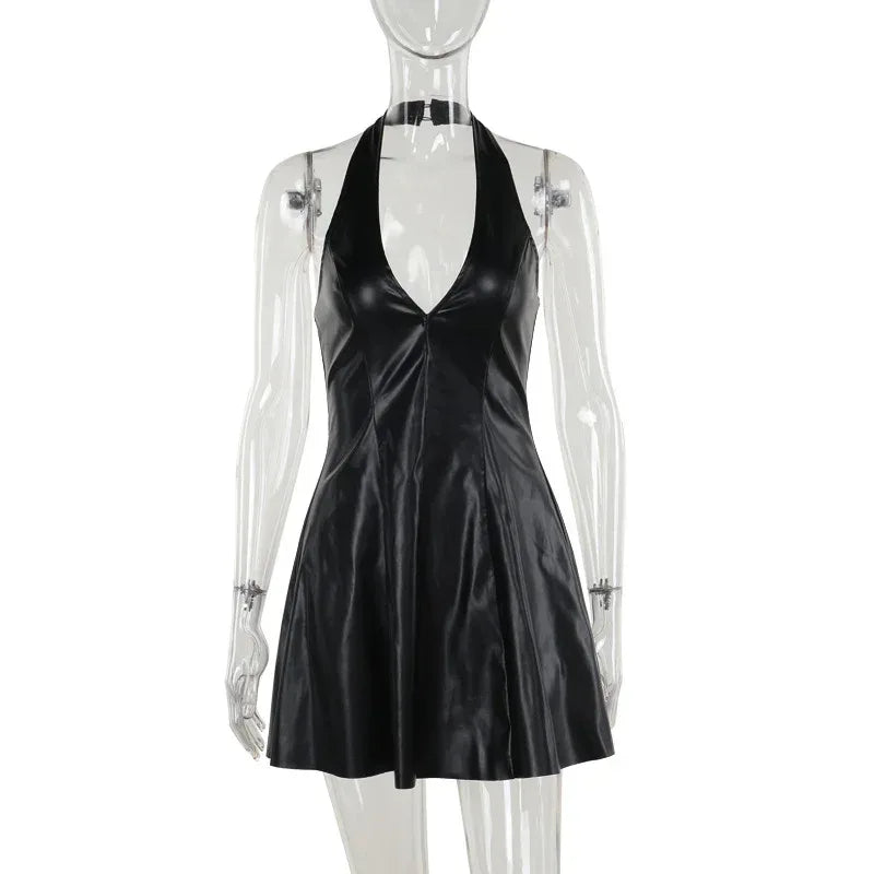 Fashion V-neck Leather Backless Dress Women - DanaFashionstore