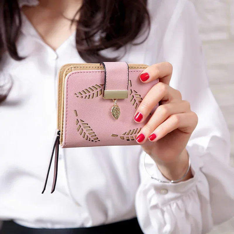New Korean Women's Wallet Short Hollow Clutch Bag Leaf Zipper Buckle Bills Card Pack - DanaFashionstore