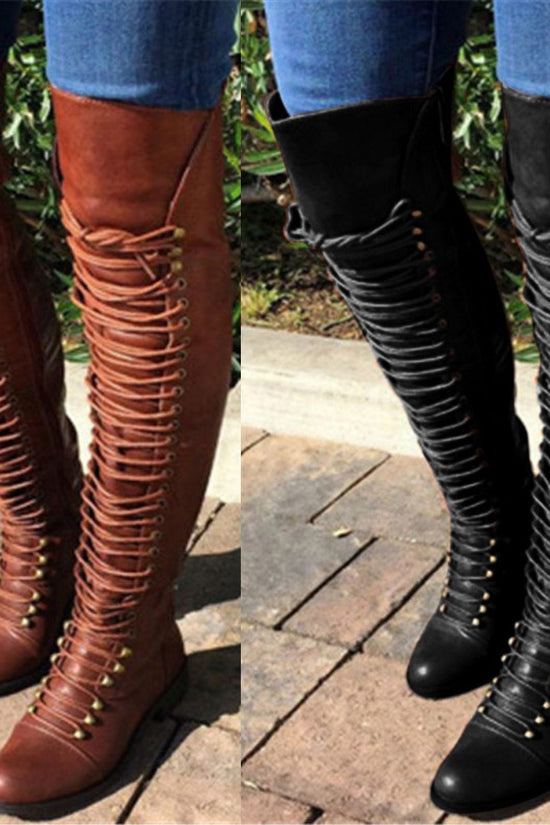 Women's solid color lace-up boots