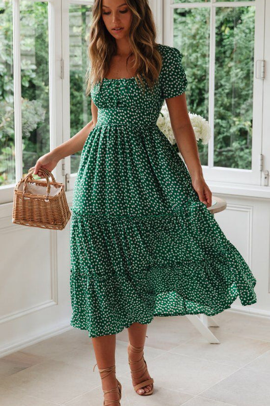 Square Collar Short Sleeve Dress Summer Puff Floral Printed Dress Long Dresses