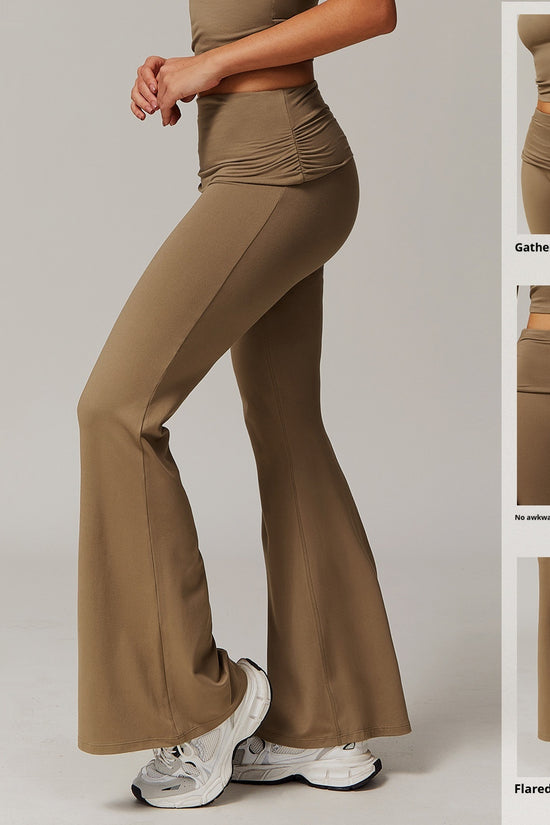 Wool Pleated Yoga Fold High Waist Running Sports Skinny Versatile Bell-bottom Pants Women