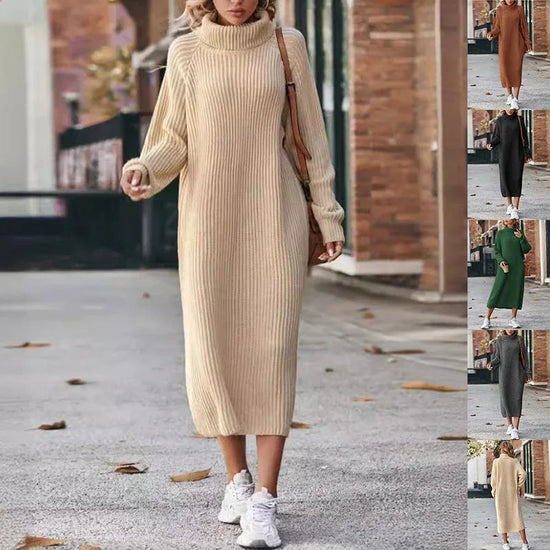 Winter Turtleneck Knitted Sweater Dress Fashion Solid Loose Pullover Long Dresses For Women Clothing - DanaFashionstore