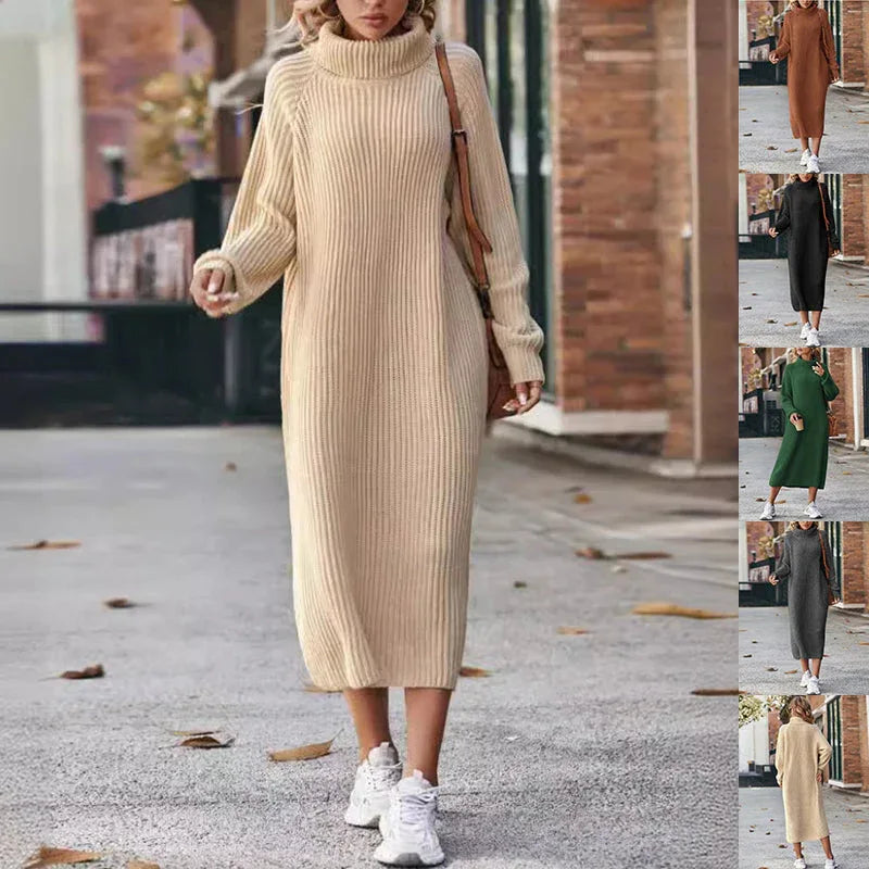 Winter Turtleneck Knitted Sweater Dress Fashion Solid Loose Pullover Long Dresses For Women Clothing - DanaFashionstore