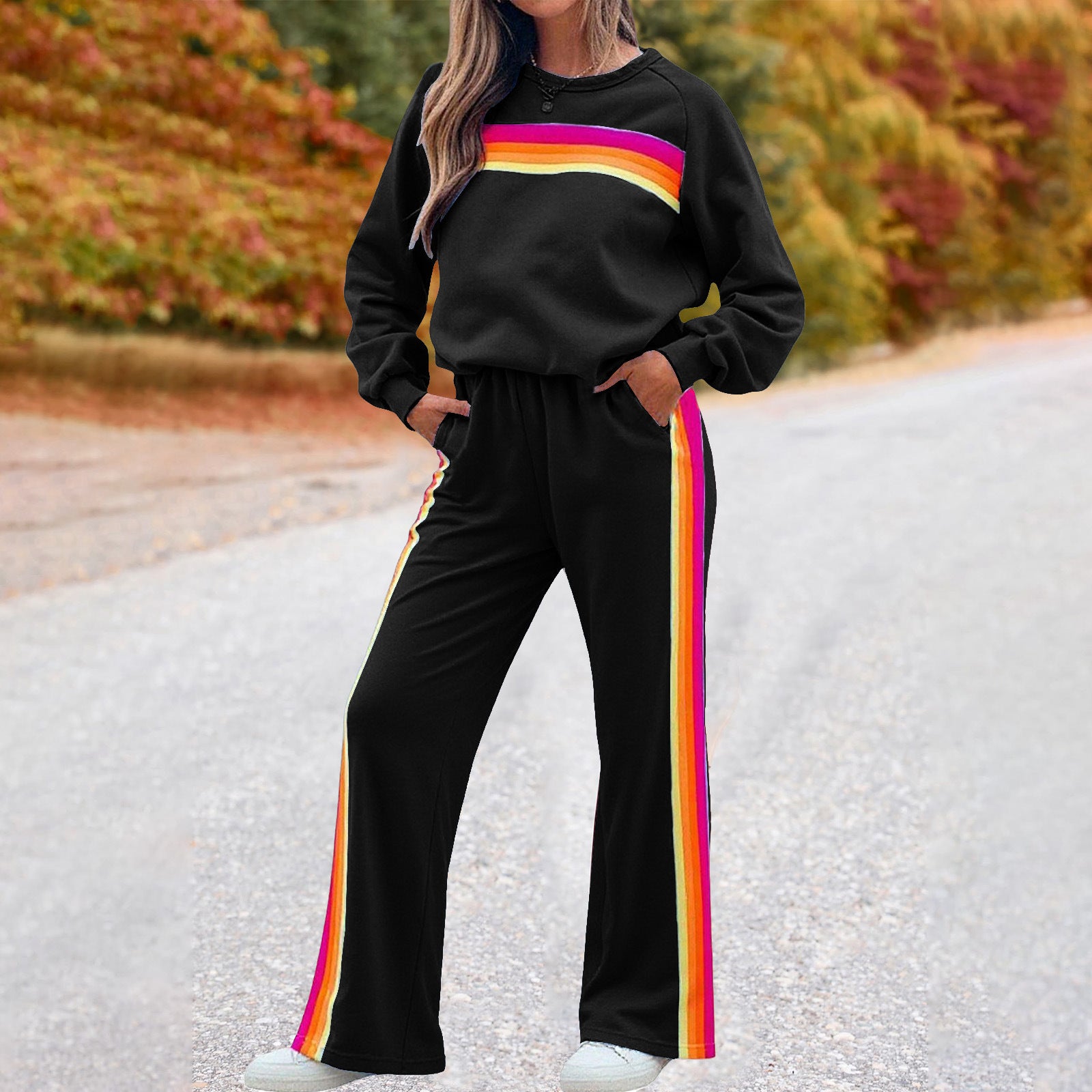 Fleece-lined Thick Rainbow Sweater Suit Women