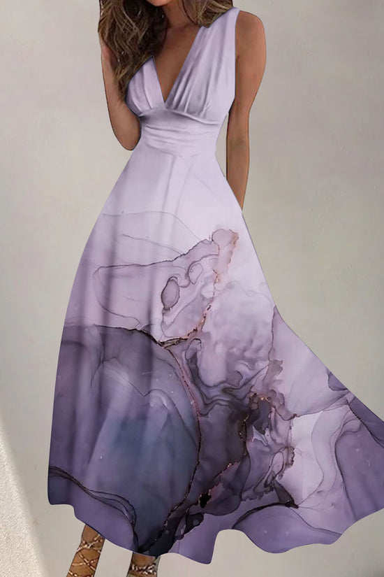 Women's Digital Printing Fashion V-neck Swing Long Dress