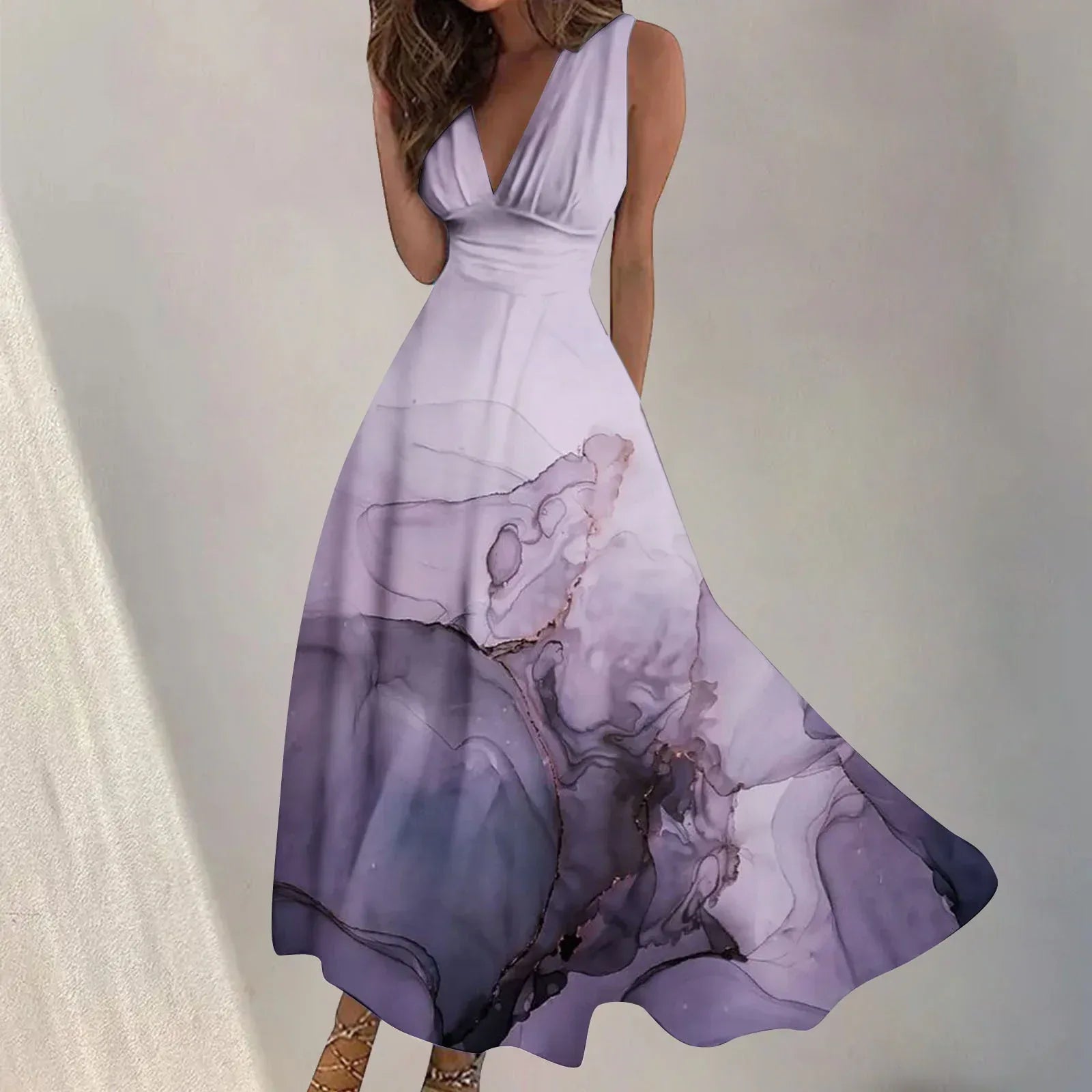 Digital Print V-Neck Swing Dress 2026 - Fashion Long Dress - DanaFashionstore