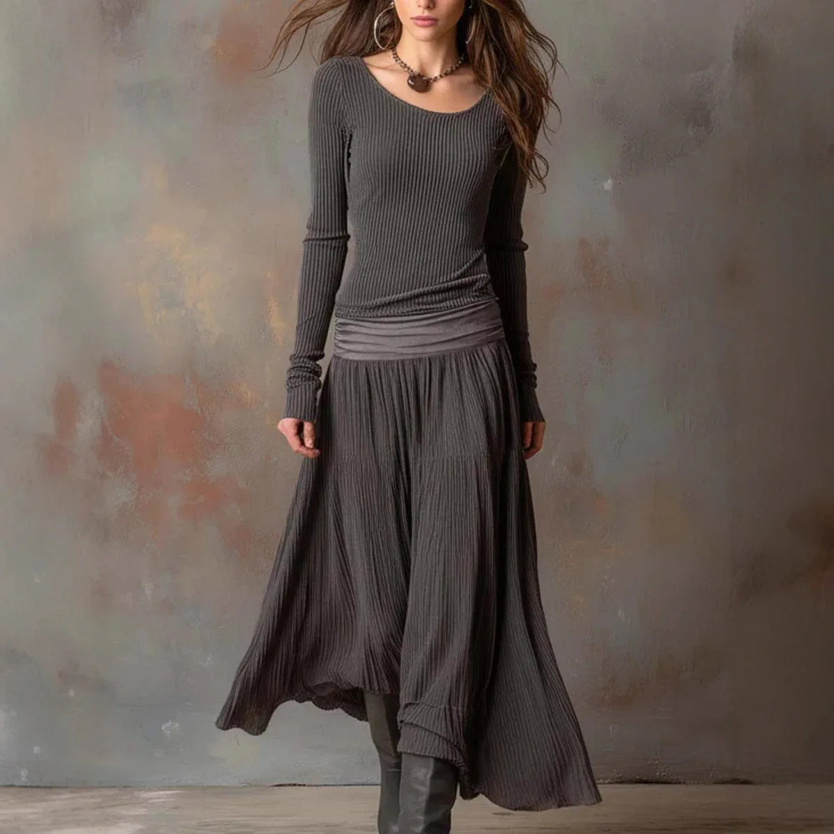 Retro Ribbed Long Dress Long Sleeve Round Neck A-line Skirt - DanaFashionstore
