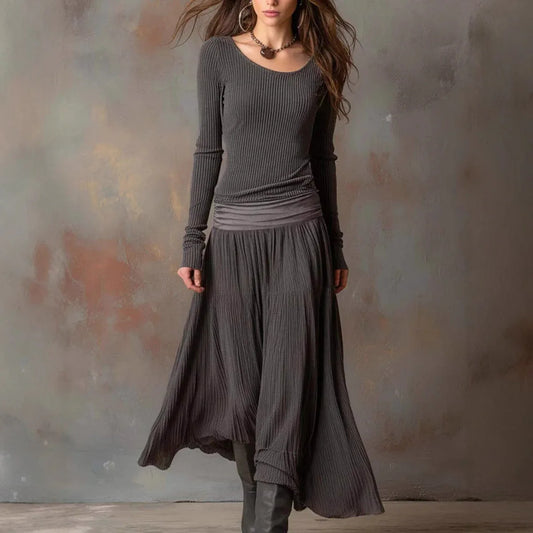 Retro Ribbed Long Dress Long Sleeve Round Neck A-line Skirt - DanaFashionstore