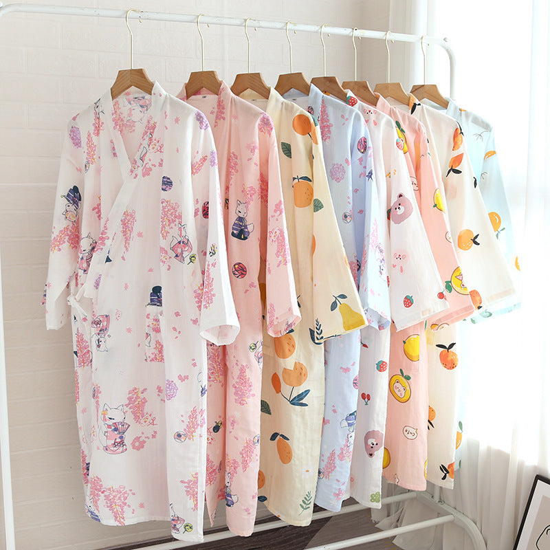 Women Bathrobe Nightdress Long Sleeve Nightgown Cotton Gauze - Dana Fashion