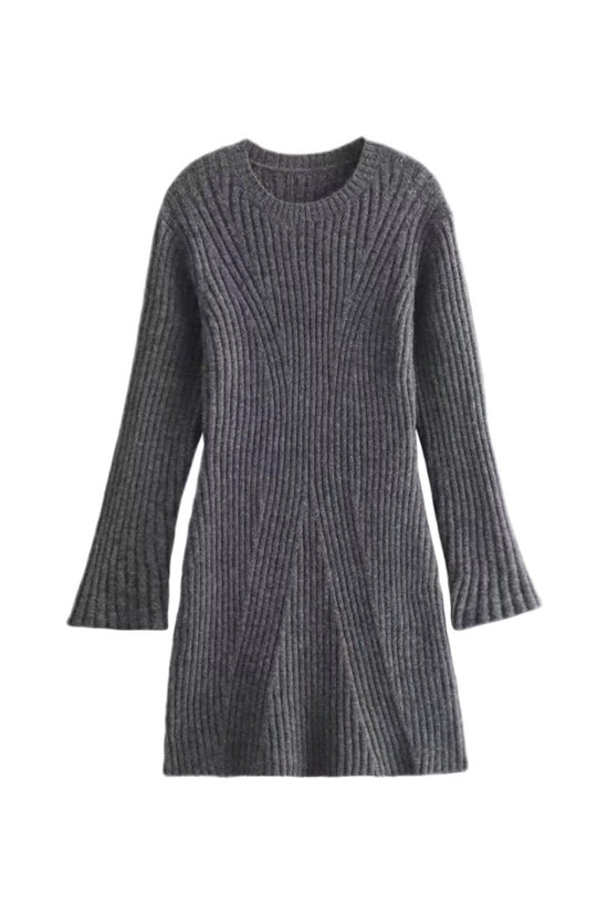 Fashion Solid Ribbed Knitted Dress Fall And Winter Slim-fit Stand-up Collar A-line Dresses Women's Clothing