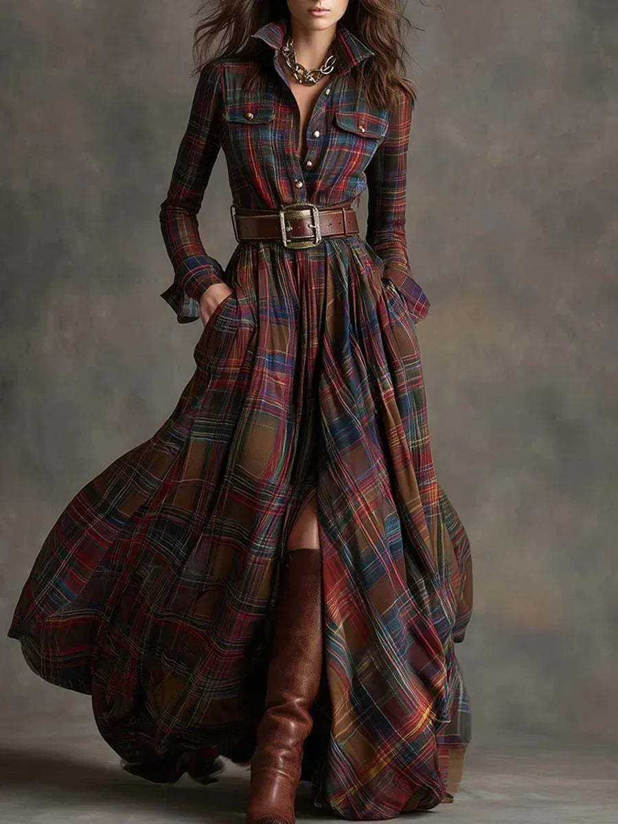 Ins Plaid Print Long-Sleeved Dress Fashion Pockets Collared Buttons Shirt Long Dresses Retro Women's Clothing - DanaFashionstore