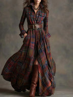 Ins Plaid Print Long-Sleeved Dress Fashion Pockets Collared Buttons Shirt Long Dresses Retro Women's Clothing - DanaFashionstore