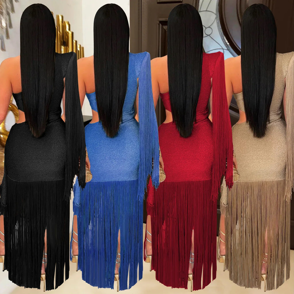 Fashionable Womens Sexy Casual One-Shoulder Tassel Dress - DanaFashionstore