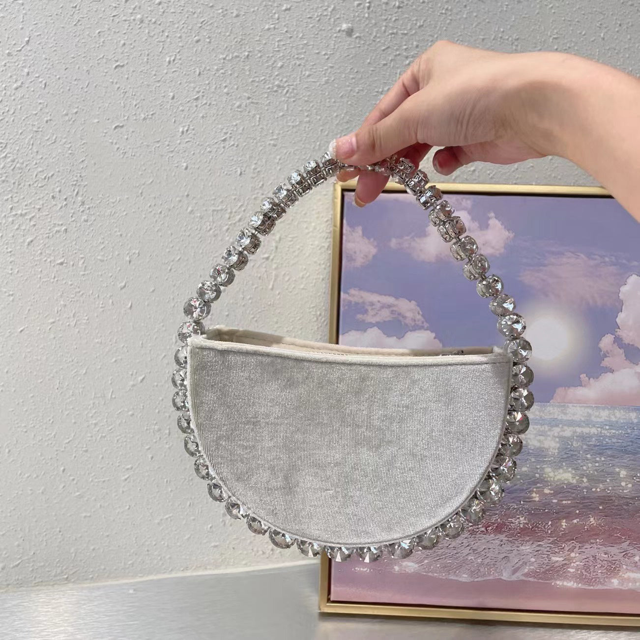 Vintage Banquet Rhinestone Semicircle Bag Diamond Velvet Clutch - Dana Fashion