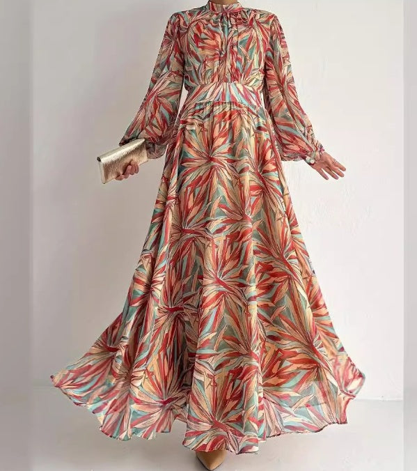 Women's Ethnic Style High-Neck Long Fashionable And Elegant Robe Dress