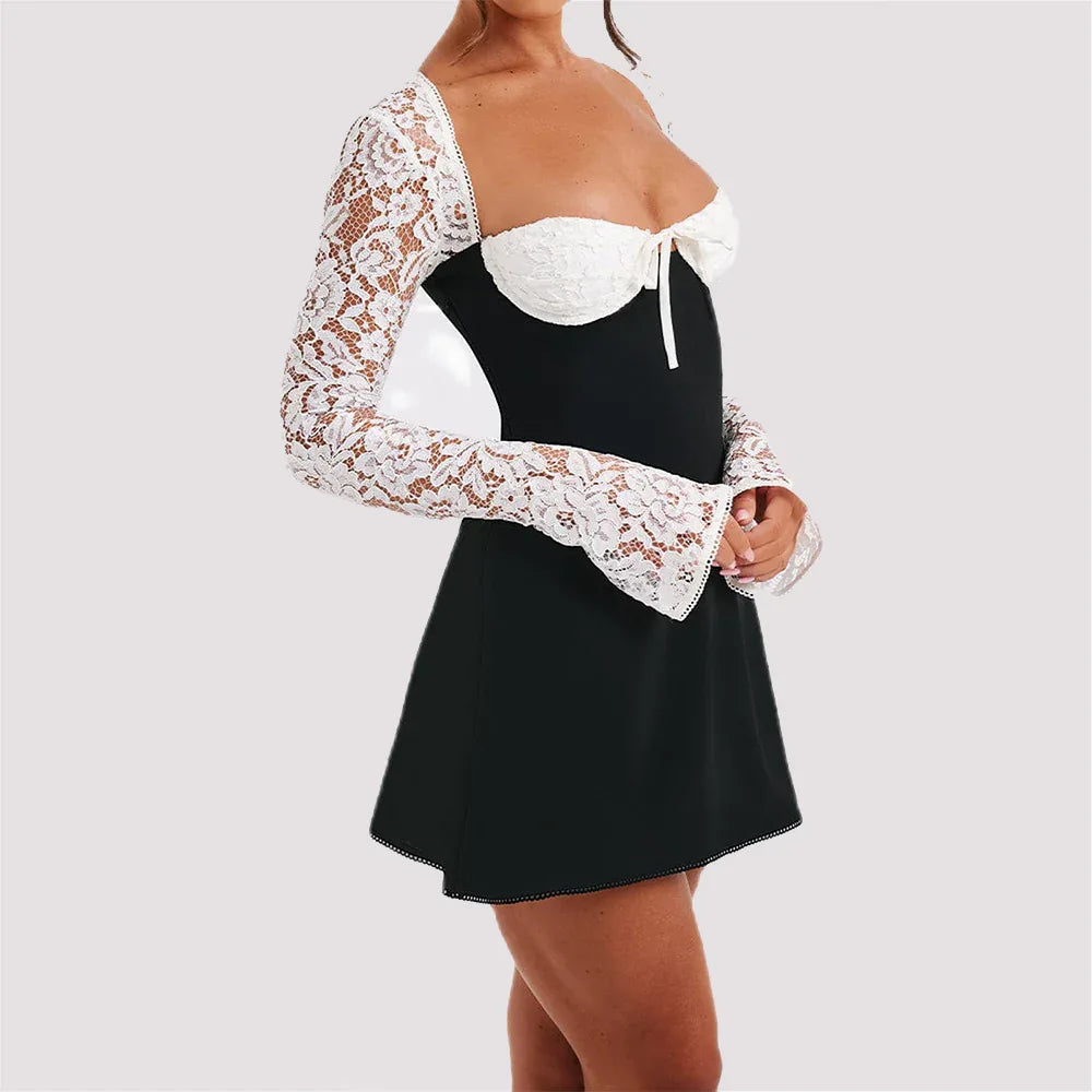 Y2K Lace Long Sleeve Dress Fashion Sexy Corset Backless Lace Up Short Dresses Womens Clothing - DanaFashionstore