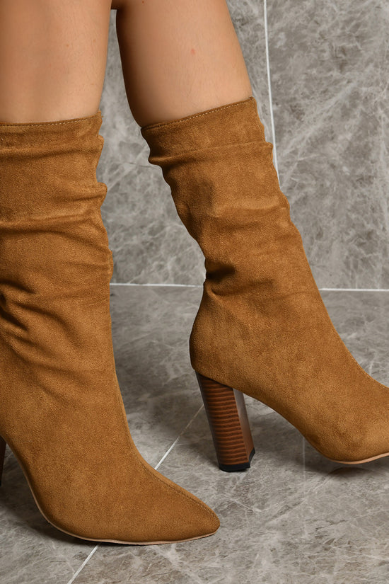 Women's Pointed Toe Block Heel Boots - Winter Suede Mid-Calf Boots