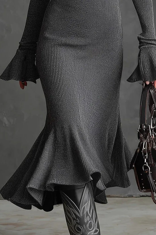 Pleated-collar Flared-sleeve Knitted Mermaid Skirt - DanaFashionstore