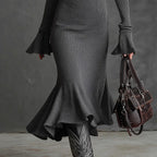 Pleated-collar Flared-sleeve Knitted Mermaid Skirt - DanaFashionstore